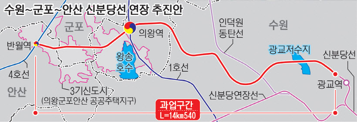 군포시가 의왕·군포·안산지구의 교통대책으로 추진 중인 신분당선 연장 노선안.