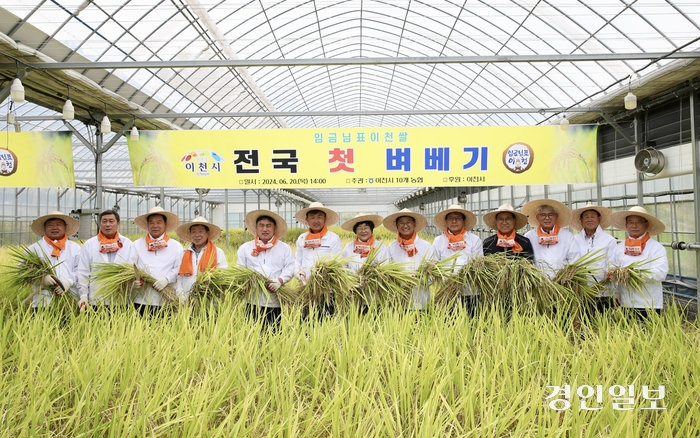 이천시가 2024년 전국 첫 벼 베기 행사를 20일 오후 2시 호법면 안평3리 뜰에서 실시했다. 2024.6.20 이천/서인범기자 sib@kyeongin.com