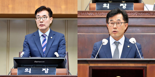 제9대 의왕시의회 후반기 의장으로 선출된 된 김학기(국) 의원과 부의장 김태흥(민) 의원. /의왕시의회 제공