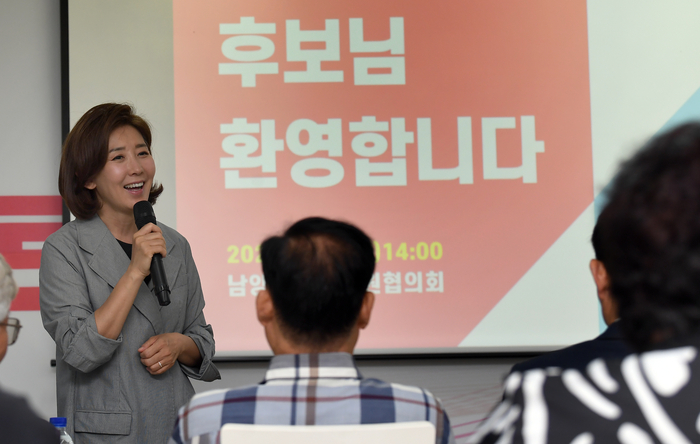 나경원 국민의힘 대표 후보는 30일 남양주 등 경기지역 당협을 방문, 당원들과 간담회를 갖고 있다. 2024. 6. 30