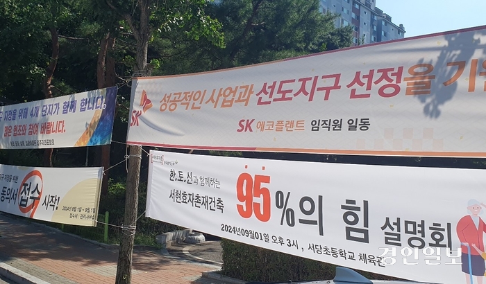 분당 효자촌 ‘현대·동아·임광·삼환아파트’ 단지 내에 주민 동의를 독려하는 ‘95%의 힘’이라는 플래카드가 걸려 있다.  2024.9.1 성남/김순기기자 ksg2011@kyeongin.com