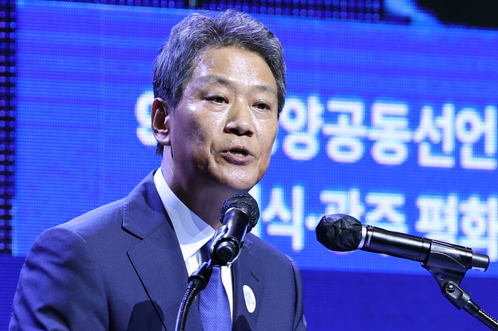 19일 오후 광주 서구 김대중컨벤션센터 다목적홀에서 열린 ‘9·19 평양공동선언 6주년 기념식’에서 임종석 2018 남북정상회담 준비위원장이 발언하고 있다. 2024.9.19 /연합뉴스 제공