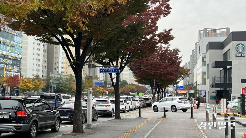 1일 오후 1시께 찾은 수원 망포동의 한 스타벅스 드라이브스루(DT) 매장 인근 거리. 왕복 12차선의 끝차선에 차들이 꼬리를 물고 있다. 2024.11.1 /조수현기자 joeloach@kyeongin.com